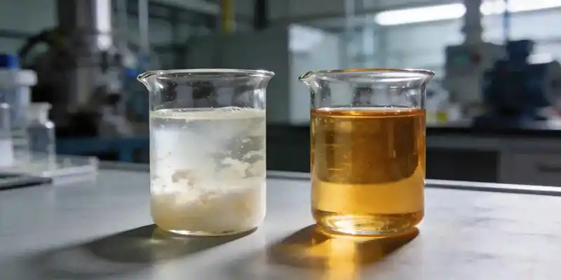 milky-vacuum-pump-oil-emulsified vs new amber oil in clear glass