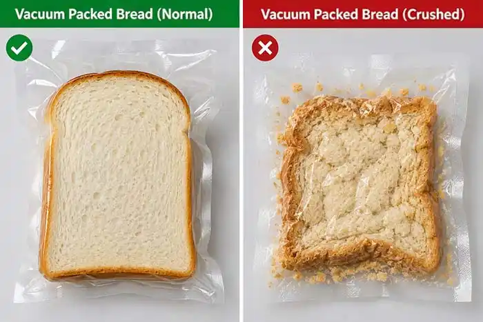 bread crushed by vacuum packaging compared to normal loaf showing compression damage